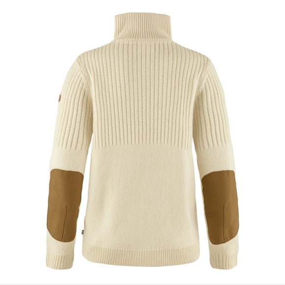 Fjallraven Sweaters - Fjällräven Övik Half Zip Knit Wool Sweater Chalk White Brown Elbow Patch-Small